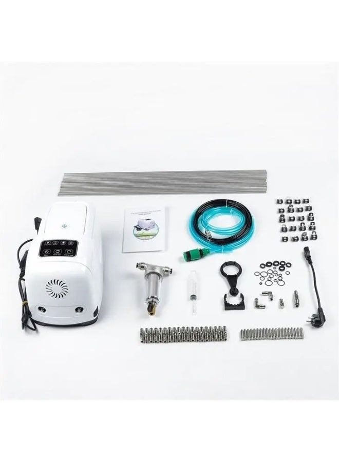 نظام آلة الضباب عالية الضغط FG-300، 220 فولت/50-60 هرتز، قابس المملكة المتحدة، 3.0 لتر/دقيقة، محرك 250 واط، 3 مكابس، مضخة 70 بار، مروحة أمامية، قابس المملكة المتحدة، 60 قطعة، نظام فوهات 0.15 مم، حامل أنابيب؛ أنبوب نايلون (60 مترًا) + مجموعة كاملة من قاطع الأنابيب، نظام مفتاح لمس للتبريد الخارجي، متوفر بألوان عشوائية. - Image 1