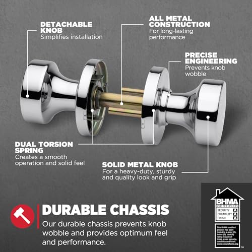 Kwikset Pismo Interior Passage Door Knob, Handle For Closet and Hallway Doors, Non-Locking Doorknob, Polished Chrome, Round Rose - Image 3