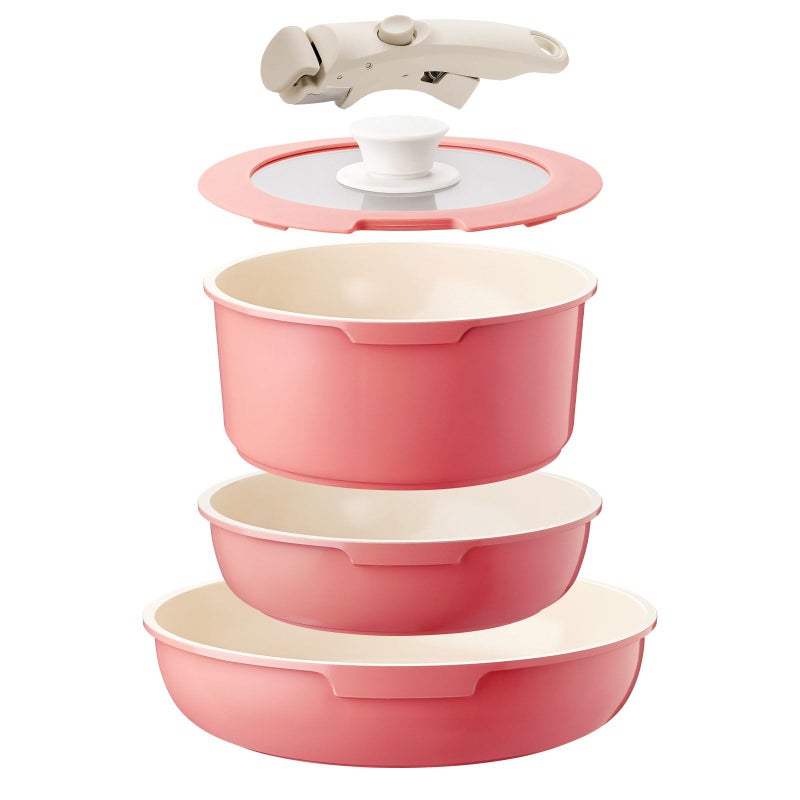 IKTU Ceramic Pots and Pans Set Non Stick Pink 5Pcs Nonstick Cookware Set with Detachable Handle RV Camping Induction Kitchen Cookware Set Non Stick PFAS PFOA PTFE Free