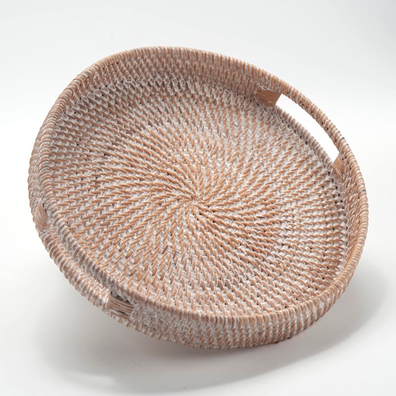 Round Rattan Serving Tray Decorative Woven Ottoman Trays with Handles for Coffee Table White Small 118 inch x 24 inch