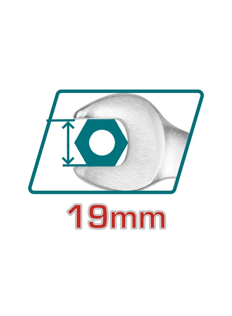 توتال مفتاح ترّس من توتال مقاس 19 مم، مصنوع من فولاذ كروم-فاناديوم (Cr-V)، مطلي بالكروم بتشطيب غير لامع، مزود بترّس 72 سن مع رأس كروم-مولبدنوم (Cr-Mo)، بطول 245 مم - Image 2