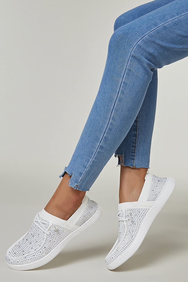 BELOS Women's Rhinestone Lace Up Loafers Shoes Comfortable Slip On Mesh Knit Walking Shoes Fashion Lightweight Sparkly Glitter Sneaker(White,10 - Image 2