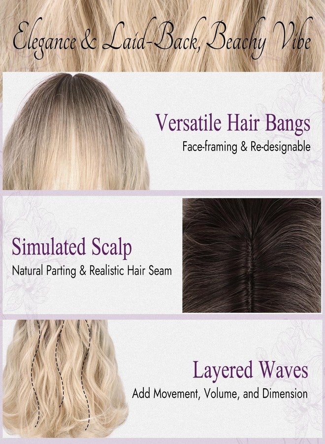 BARSDAR Blonde Ombre Short Wavy Wig with Bangs - Short Wavy Blonde Ombre Wig for Women - Fluffy Soft Synthetic Dark Roots Curly Textured French Bob Wigs with Bangs Natural Looking Face-Framing - Image 4