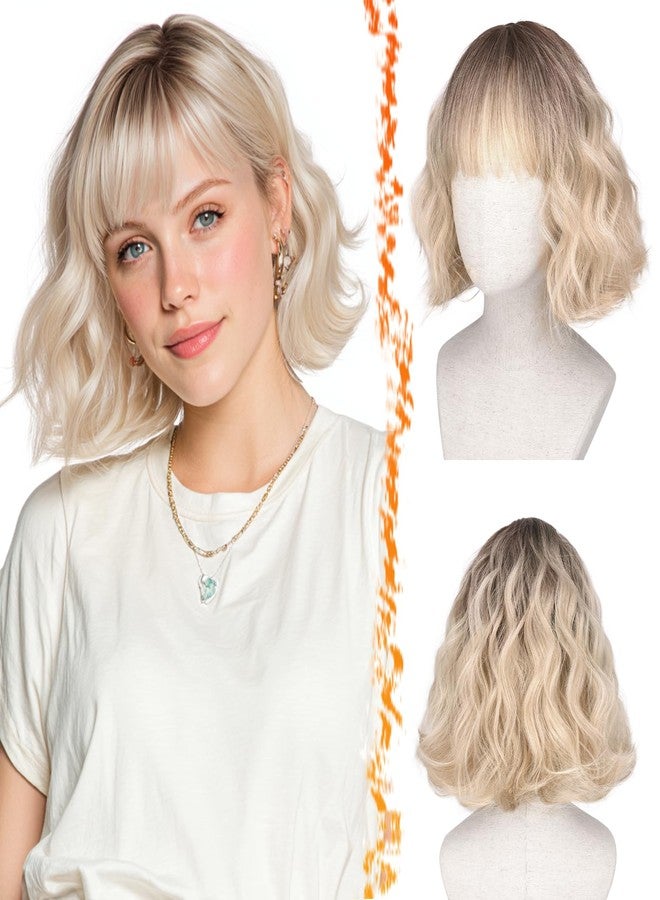 BARSDAR Blonde Ombre Short Wavy Wig with Bangs - Short Wavy Blonde Ombre Wig for Women - Fluffy Soft Synthetic Dark Roots Curly Textured French Bob Wigs with Bangs Natural Looking Face-Framing - Image 1