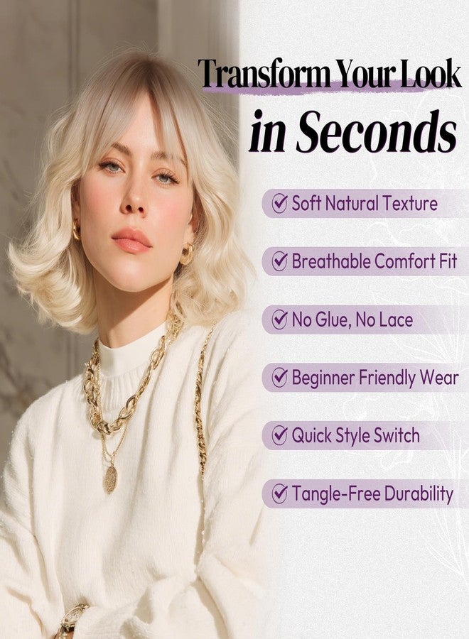 BARSDAR Blonde Ombre Short Wavy Wig with Bangs - Short Wavy Blonde Ombre Wig for Women - Fluffy Soft Synthetic Dark Roots Curly Textured French Bob Wigs with Bangs Natural Looking Face-Framing - Image 3