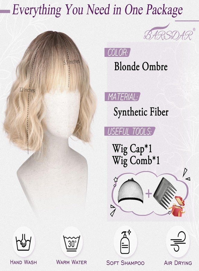 BARSDAR Blonde Ombre Short Wavy Wig with Bangs - Short Wavy Blonde Ombre Wig for Women - Fluffy Soft Synthetic Dark Roots Curly Textured French Bob Wigs with Bangs Natural Looking Face-Framing - Image 2