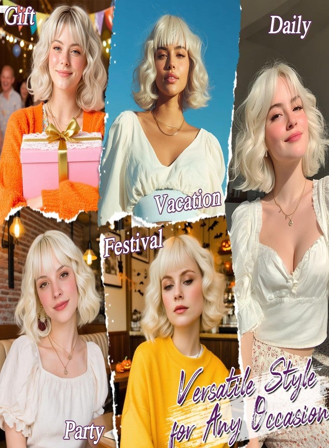 BARSDAR Blonde Ombre Short Wavy Wig with Bangs - Short Wavy Blonde Ombre Wig for Women - Fluffy Soft Synthetic Dark Roots Curly Textured French Bob Wigs with Bangs Natural Looking Face-Framing - Image 5