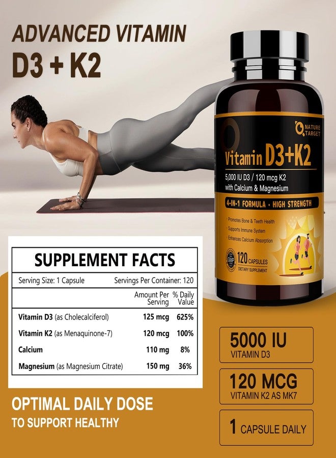 NATURE TARGET Vitamin D3 K2 with Calcium & Magnesium - Max Strength 4 in 1 Formula for Bone, Heart & Immune Support - Supplies 5000 IU Vitamin D3 & 120 mcg of Vitamin K2, 120 Count - Image 2