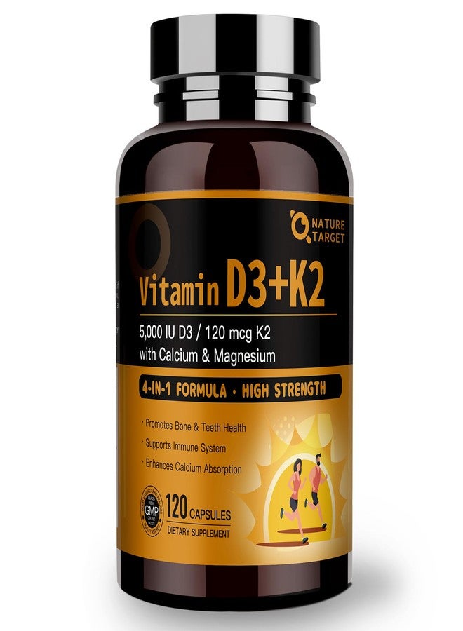NATURE TARGET Vitamin D3 K2 with Calcium & Magnesium - Max Strength 4 in 1 Formula for Bone, Heart & Immune Support - Supplies 5000 IU Vitamin D3 & 120 mcg of Vitamin K2, 120 Count - Image 1