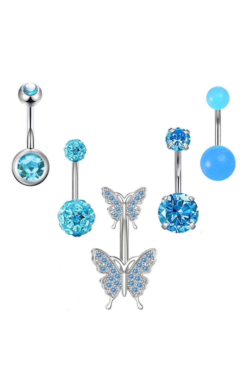 خمسة حلقات سرّة بفراشة مرصعة بالكريستال: ستانلس ستيل قصير أزرق لامع - إطلالة جذابة للسهرات