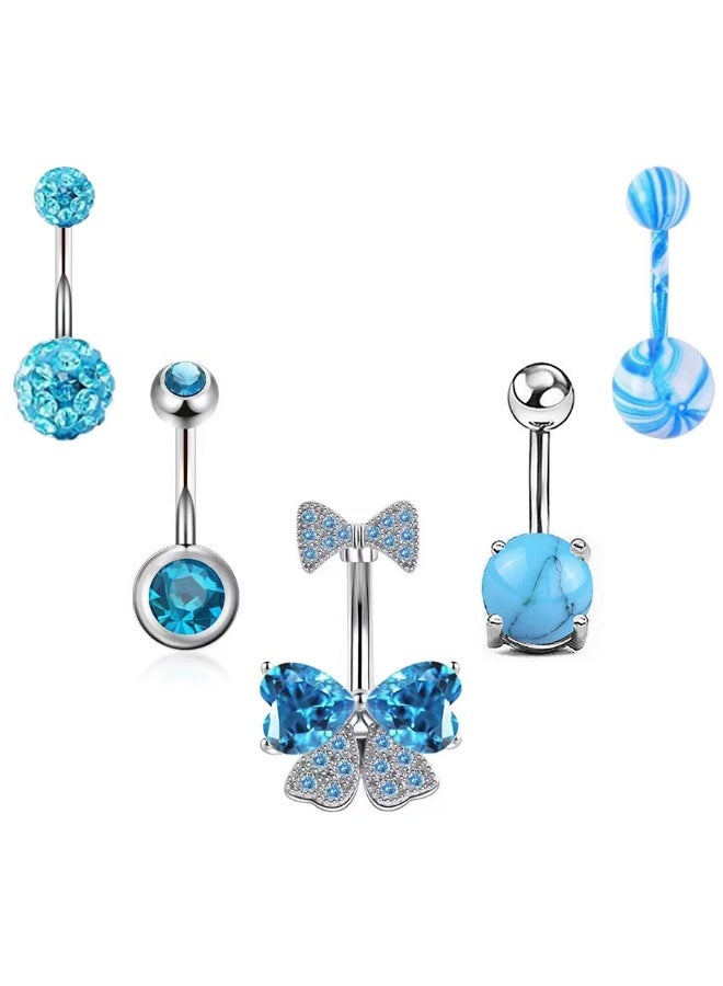 Innoshine 5 pcs Belly Ring Set Stainless Steel  Blue Short Belly Piercing Body Piercing Jewelry Set Butterfly Belly Button Ring Small Navel Ring Belly Piercing Short Bar for Fashion Women - Image 1