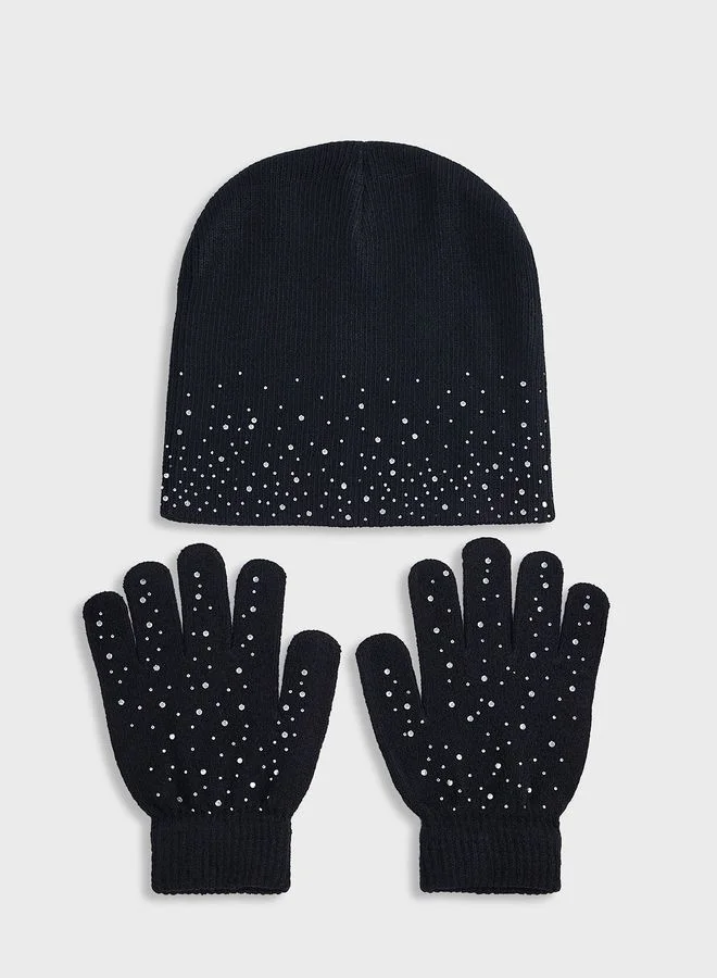 ELLA Diamante Winter Beanie  & Glove Set