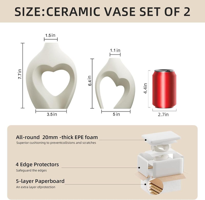 Zormon White Vases for Decor, Heart Shaped Ceramic Vase Set of 2, Nordic Heart Shaped Vases, Minimalist Decorative Vase for Table Centerpiece Wedding Dining Living Room Office House Decoration - Image 3