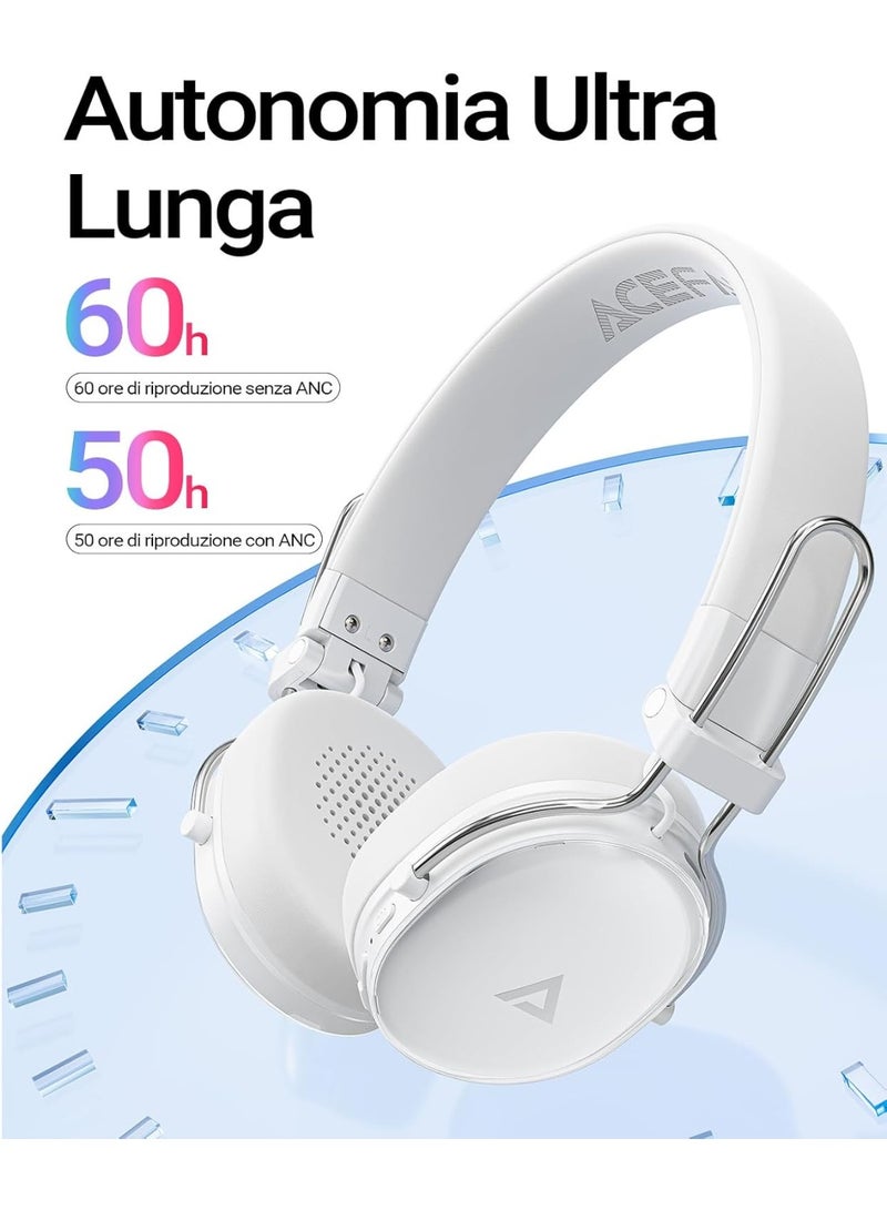 أسيفاست سماعات رأس لاسلكية فوق الأذن H7، وقت تشغيل 55 ساعة، إلغاء الضوضاء النشط، 1 + 6 سدادات أذن ملونة، أغطية أذن قابلة للطي، تدعم تشغيل الصوت عبر USB - أبيض - Image 4