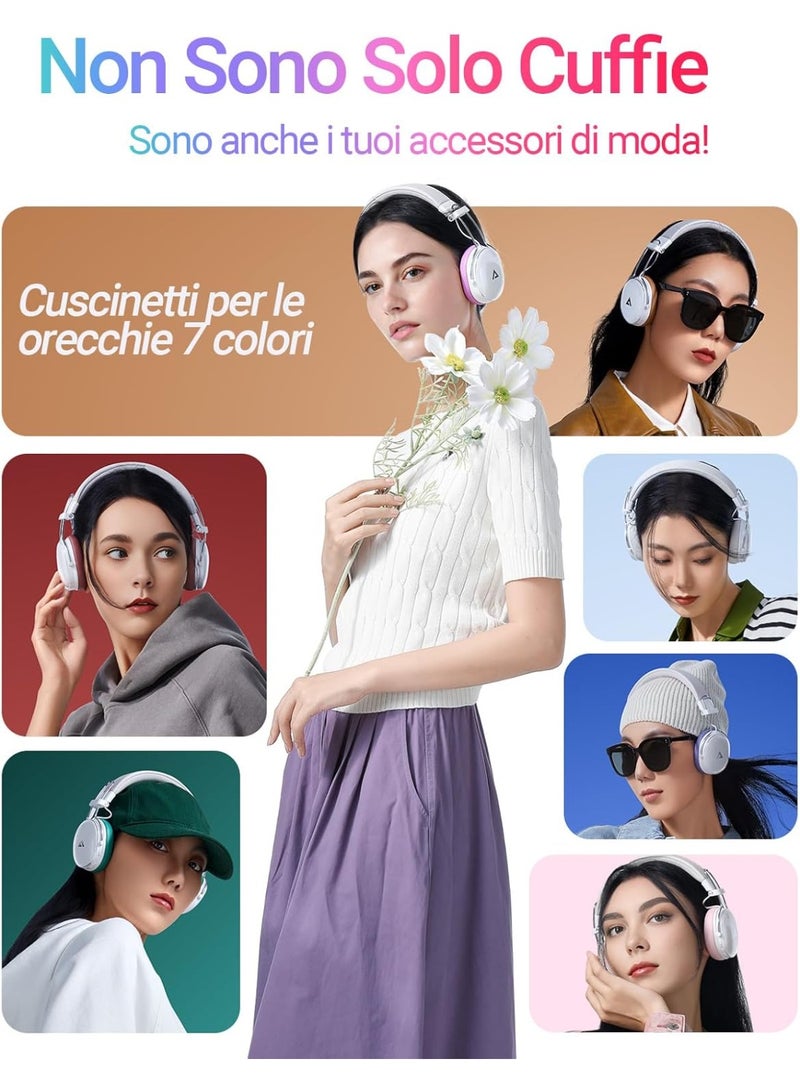 أسيفاست سماعات رأس لاسلكية فوق الأذن H7، وقت تشغيل 55 ساعة، إلغاء الضوضاء النشط، 1 + 6 سدادات أذن ملونة، أغطية أذن قابلة للطي، تدعم تشغيل الصوت عبر USB - أبيض - Image 5