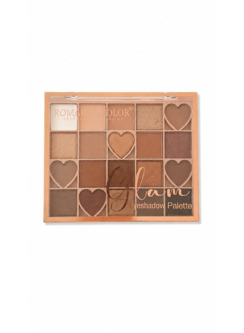The "Romantic Colour Glam" eyeshadow palette includes 20 shades in neutral and brown tones.