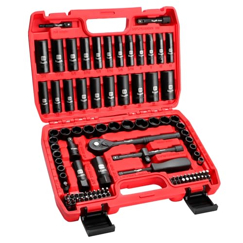 LLNEDL 3/8" Drive Impact Socket Set 95Pcs, Spark Plug Socket (5/8", 13/16"), 6 Point Metric & SAE from 5/16"- 3/4", 8-22mm, CR-V Deep & Shallow Kit with Quick Release Ratchet (72-Tooth) for Home & DIY - Image 1
