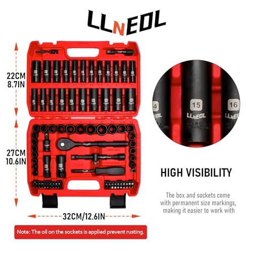 LLNEDL 3/8" Drive Impact Socket Set 95Pcs, Spark Plug Socket (5/8", 13/16"), 6 Point Metric & SAE from 5/16"- 3/4", 8-22mm, CR-V Deep & Shallow Kit with Quick Release Ratchet (72-Tooth) for Home & DIY - Image 2