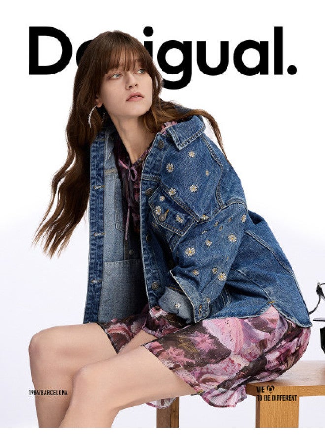 DESIGUAL oversized Daisy-embroidered Collar Denim Jacket For Women - Image 1