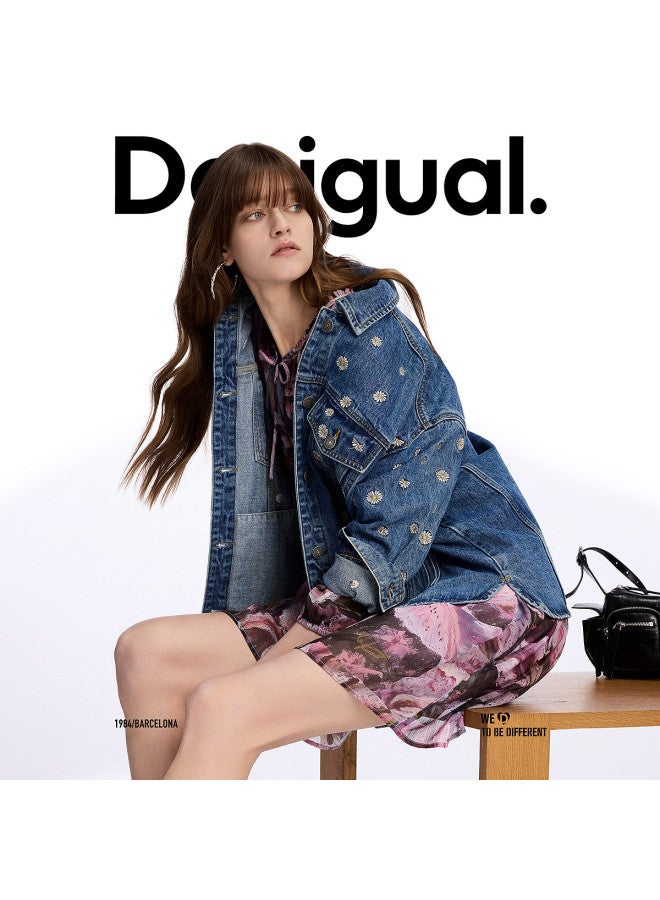 DESIGUAL oversized Daisy-embroidered Collar Denim Jacket For Women - Image 2