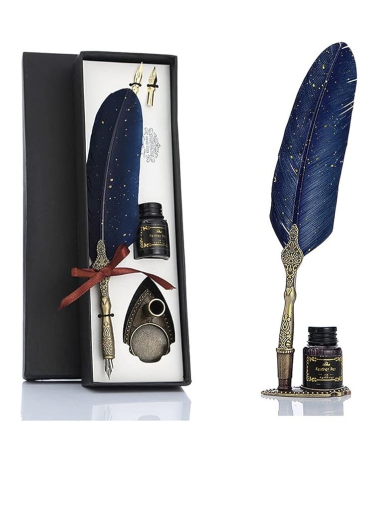 HASTHIP Vintage Carving Feather Pen Set, Glittering Quill Pen Set Antique Calligraphy Writing Dip Pen with Black Ink, 2 Replacement Nibs, Pen Stand Base, Luxury Signature Pen  - Image 1