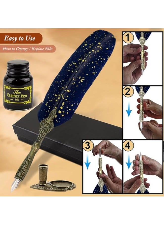 HASTHIP Vintage Carving Feather Pen Set, Glittering Quill Pen Set Antique Calligraphy Writing Dip Pen with Black Ink, 2 Replacement Nibs, Pen Stand Base, Luxury Signature Pen  - Image 3
