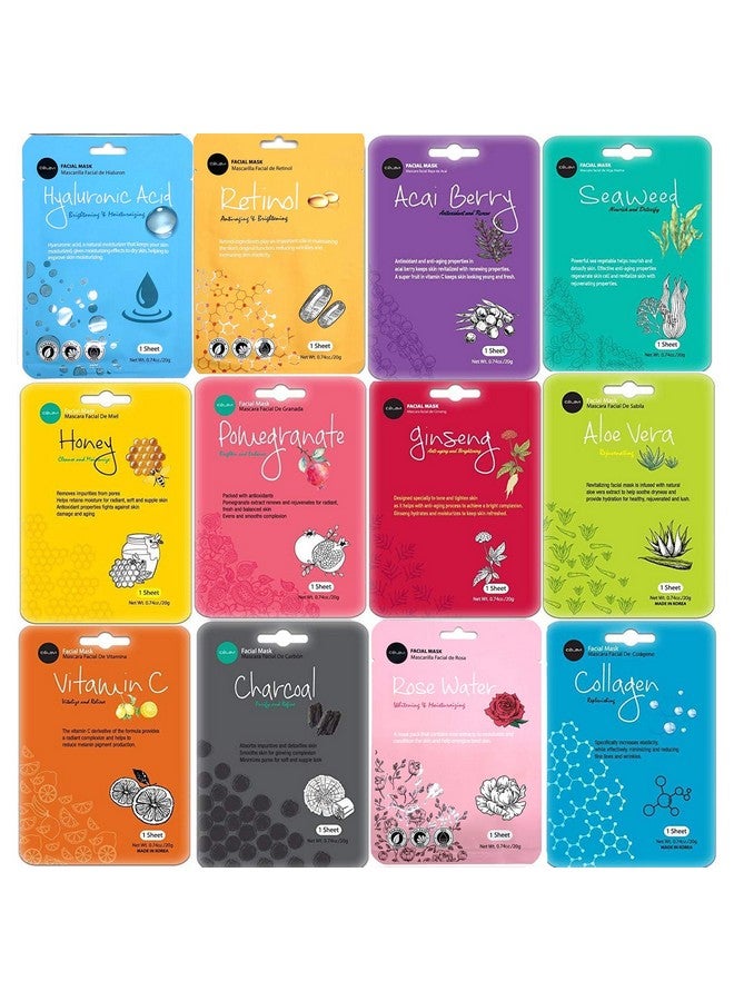 Celavi Cosmetics celavi Face Mask Set Korean Beauty Essence Facial Paper Sheet Mask Korea Skin Care Moisturizing 12 New flavors K-Beauty Skincare 12 masks in a pack Made in Korea - Image 1