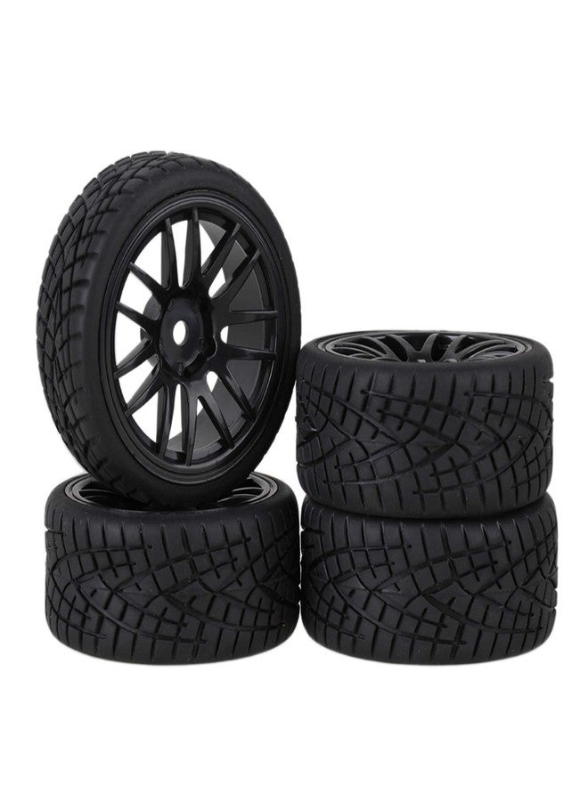 Mxfans 12mm Hex Black Plastic 14-Spoke Wheel Rims & Black Striped Pattern Rubber Tires for RC 1:10 On Road Racing Car Pack of 4 20604 - Image 1