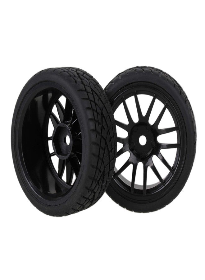 Mxfans 12mm Hex Black Plastic 14-Spoke Wheel Rims & Black Striped Pattern Rubber Tires for RC 1:10 On Road Racing Car Pack of 4 20604 - Image 2