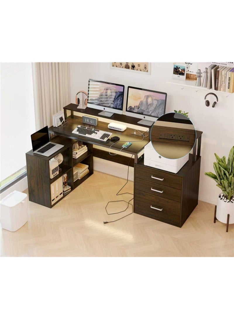 مكتب الكمبيوتر متعدد الوظائف ، مكتب الكمبيوتر المحمول مكتب الكتابة مع خزانة التخزين ، طاولة دراسة الطلاب مع ثلاثة أدراج ، مناسبة لغرفة دراسة المكتب المنزلي (بني YN125) - Image 3