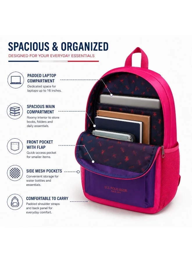 U.S. Polo Assn. U.S. Polo Assn. Classic Coral Purple Contrast Flap Backpack for School and Office MultiCompartment Bag for Campus