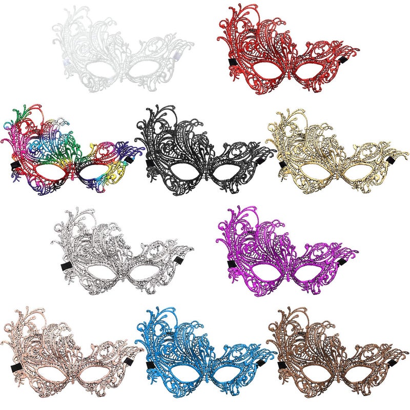 JOVITEC 10 Pcs Masquerade Masks for Women Lace Venetian Eye Mask Set Mardi Gras Costume Accessories for Party Halloween Prom Cosplay Elegant Lightweight Face Cover with Ribbon Tie - Image 2