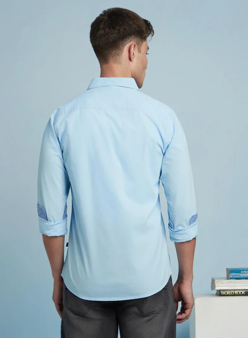 Dennis Lingo Men's Sky Blue 100% Cotton Solid Button Down Regular Fit Shirt