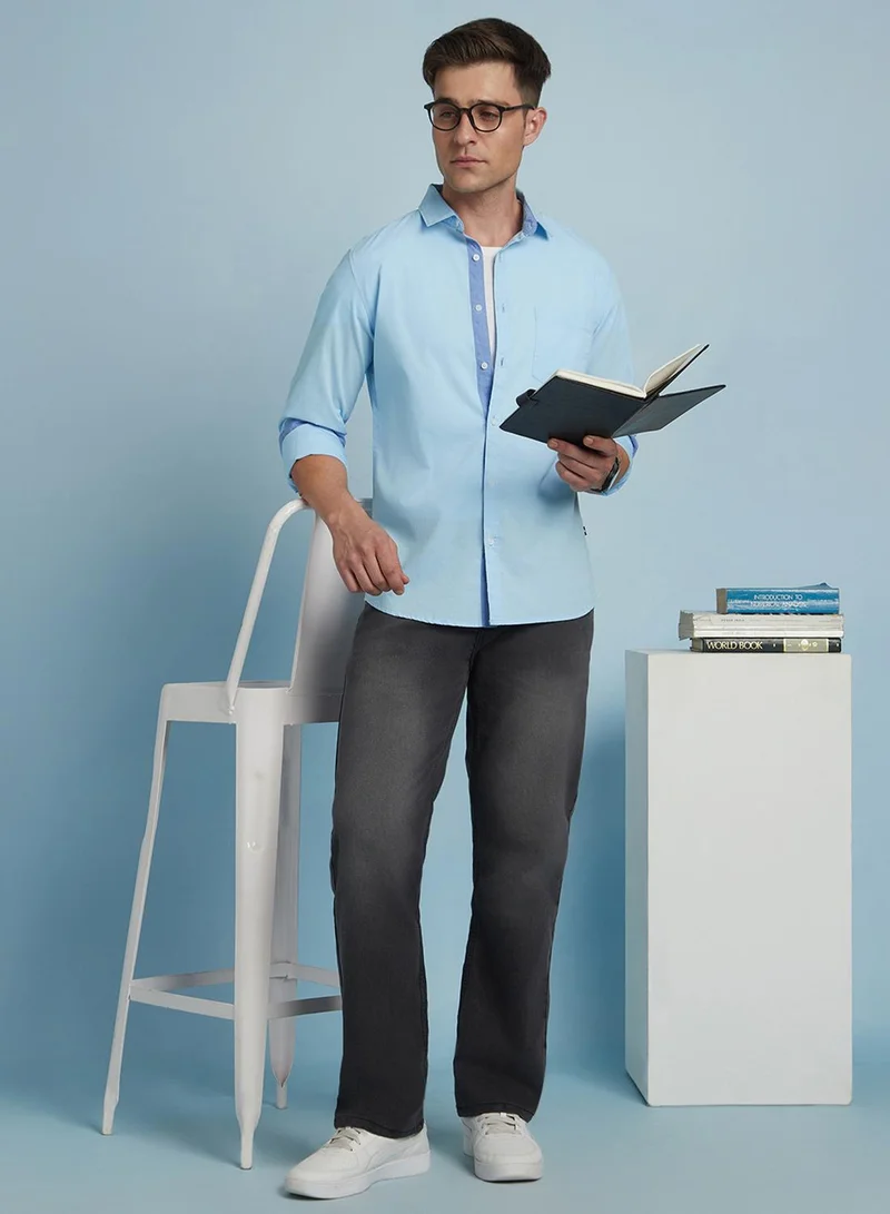 Dennis Lingo Men's Sky Blue 100% Cotton Solid Button Down Regular Fit Shirt