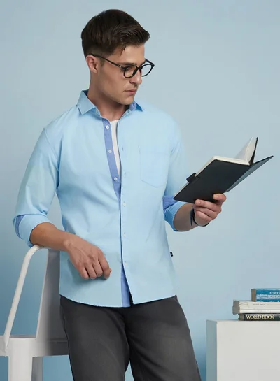 Dennis Lingo Men's Sky Blue 100% Cotton Solid Button Down Regular Fit Shirt