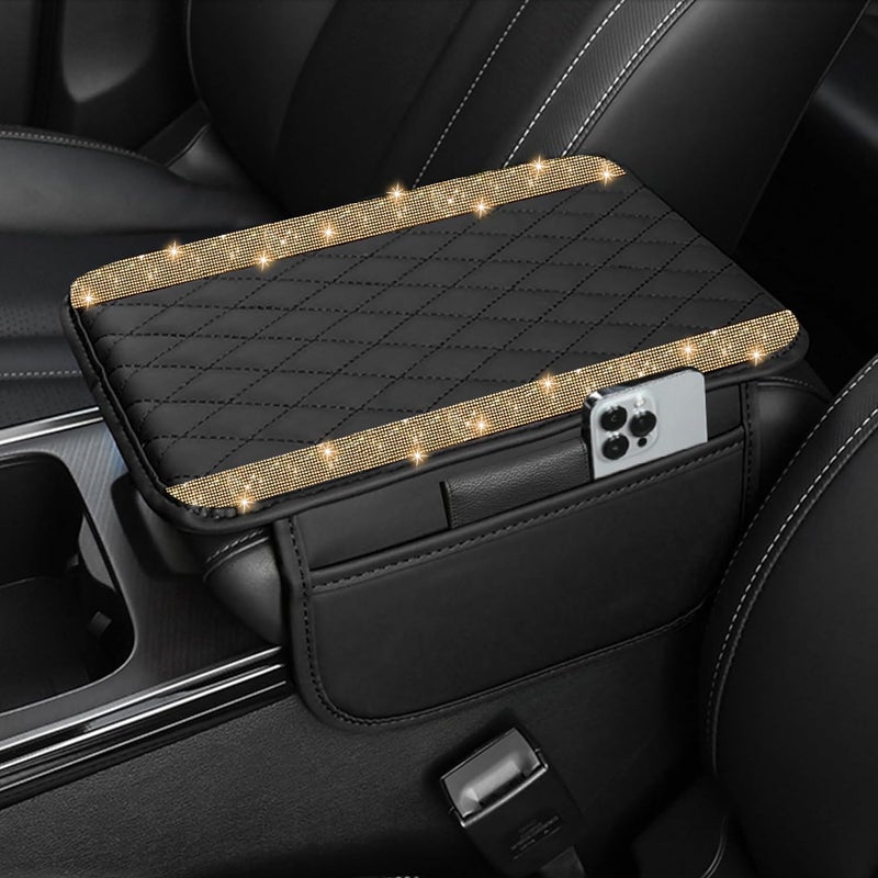 Nbtepem Bling Car Center Console Cover  Leather Car Arm Rest Cover Cushion With 2 Storage Bags  Universal Automotive Armrest Protector Storage Box  Bling Accessories Interior For Most Vehicles (Gold) - Image 1