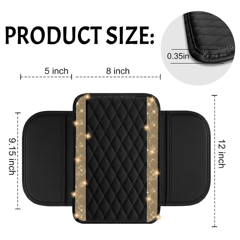 Nbtepem Bling Car Center Console Cover  Leather Car Arm Rest Cover Cushion With 2 Storage Bags  Universal Automotive Armrest Protector Storage Box  Bling Accessories Interior For Most Vehicles (Gold) - Image 2