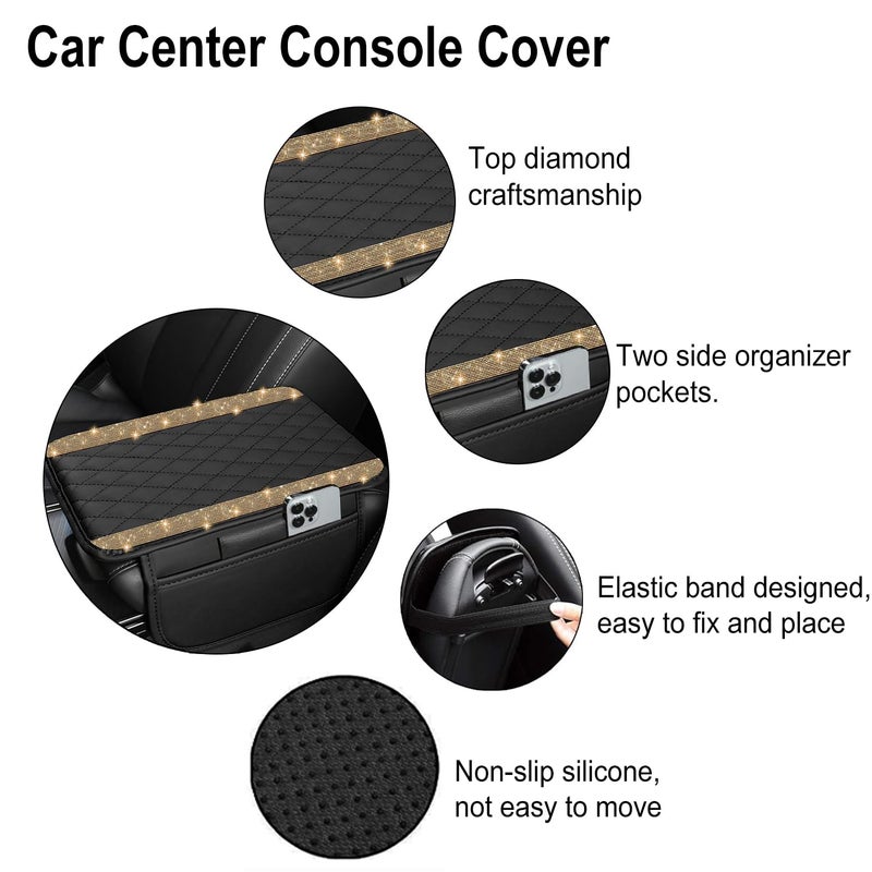 Nbtepem Bling Car Center Console Cover  Leather Car Arm Rest Cover Cushion With 2 Storage Bags  Universal Automotive Armrest Protector Storage Box  Bling Accessories Interior For Most Vehicles (Gold) - Image 3