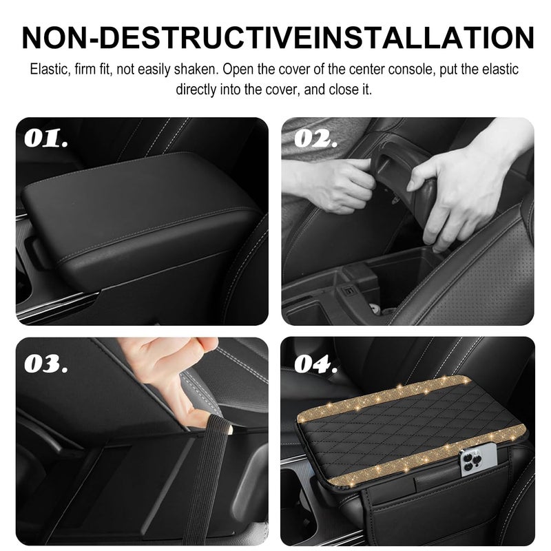 Nbtepem Bling Car Center Console Cover  Leather Car Arm Rest Cover Cushion With 2 Storage Bags  Universal Automotive Armrest Protector Storage Box  Bling Accessories Interior For Most Vehicles (Gold) - Image 5