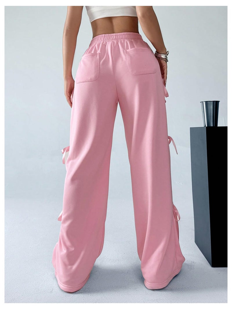 Verdusa Women's Baggy Sweatpants Elastic Waist Casual Bow Wide Leg Pants with Pocket Y2K Going Out Travel Pants Pink Medium - Image 2