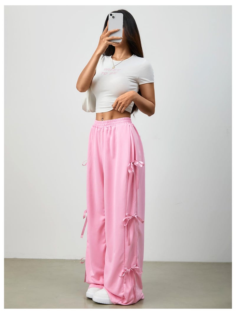 Verdusa Women's Baggy Sweatpants Elastic Waist Casual Bow Wide Leg Pants with Pocket Y2K Going Out Travel Pants Pink Medium - Image 3