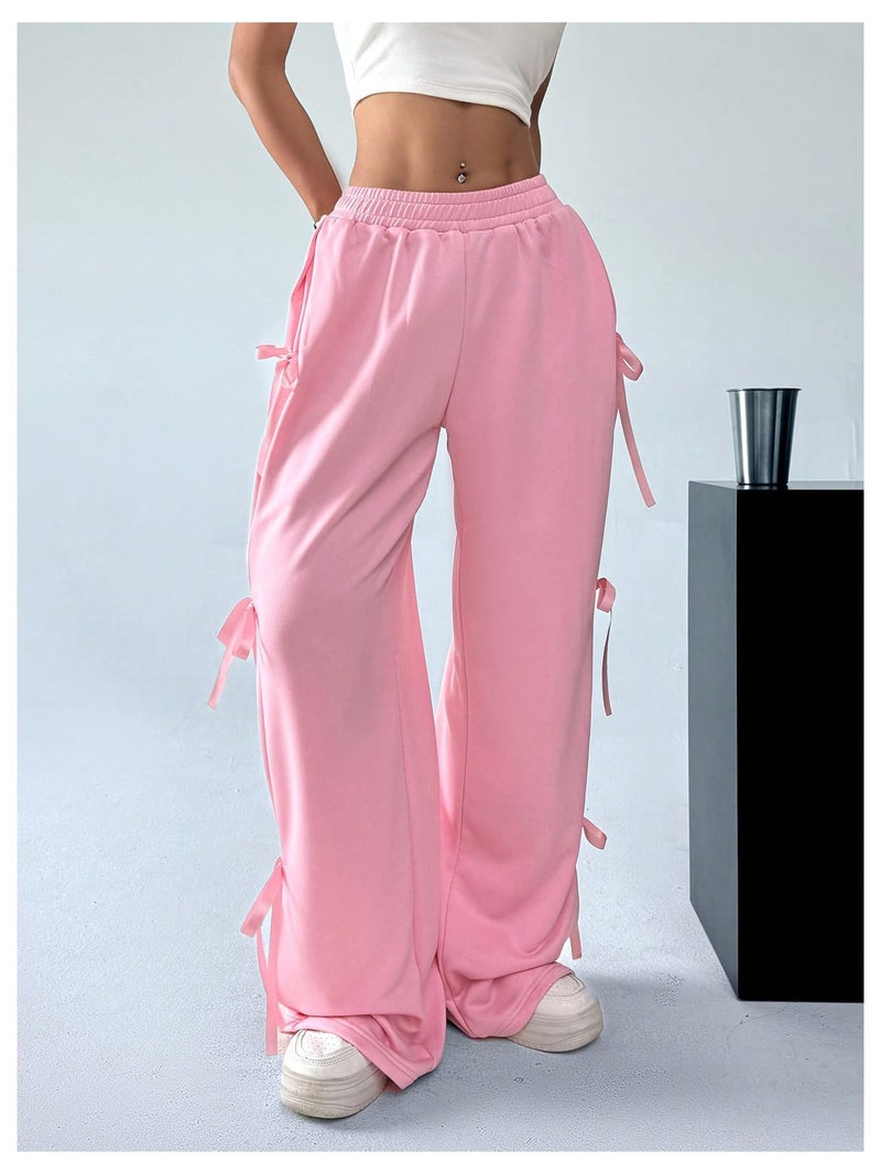 Verdusa Women's Baggy Sweatpants Elastic Waist Casual Bow Wide Leg Pants with Pocket Y2K Going Out Travel Pants Pink Medium - Image 5