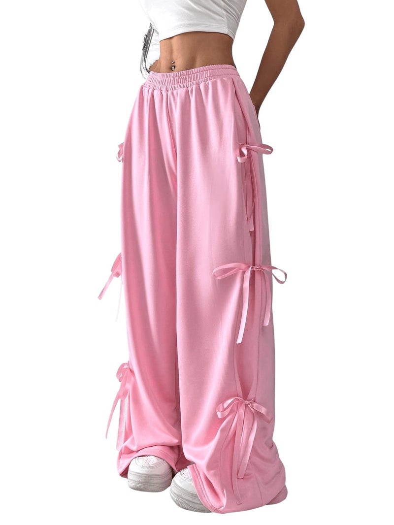 Verdusa Women's Baggy Sweatpants Elastic Waist Casual Bow Wide Leg Pants with Pocket Y2K Going Out Travel Pants Pink Medium - Image 1