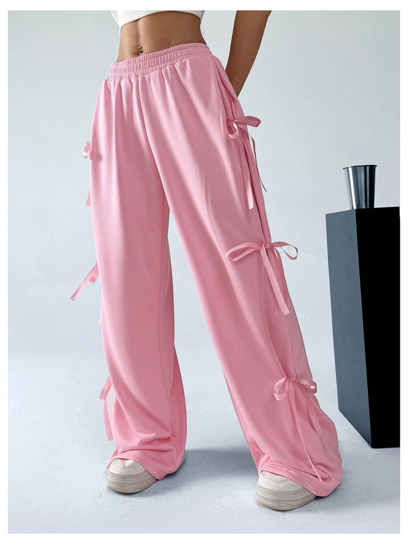 Verdusa Women's Baggy Sweatpants Elastic Waist Casual Bow Wide Leg Pants with Pocket Y2K Going Out Travel Pants Pink Medium - Image 4