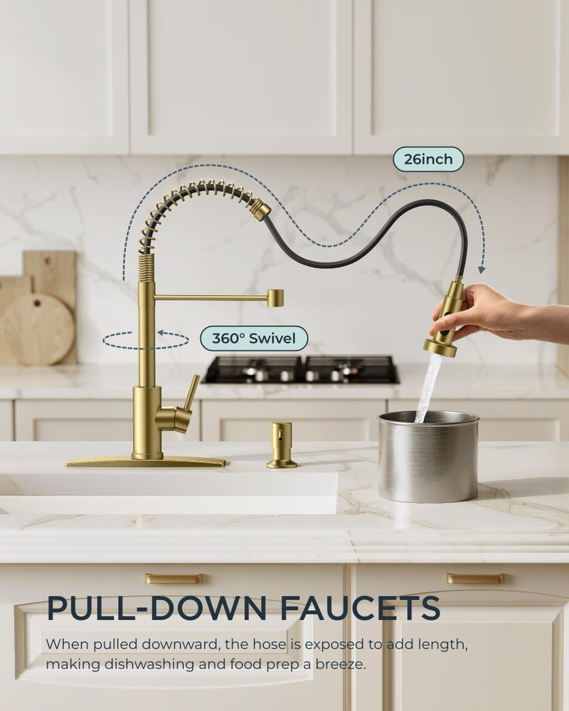 FORIOUS Kitchen Faucet with Soap Dispenser, Gold Stainless Steel Spring Sink Faucet with Pull Down Sprayer Transitional Single Handle for Pot Filler, Farmhouse Camper Bar Laundry Room - Image 2
