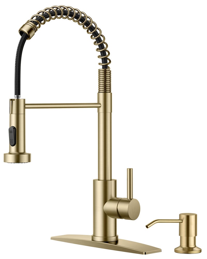 FORIOUS Kitchen Faucet with Soap Dispenser, Gold Stainless Steel Spring Sink Faucet with Pull Down Sprayer Transitional Single Handle for Pot Filler, Farmhouse Camper Bar Laundry Room - Image 1