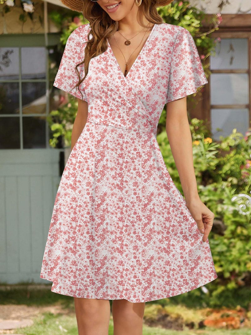FENSACE Baby Shower Dress for Mom to Be Summer Wrap V Neck Empire Waist Fit and Flare Wedding Guest Womens Spring Dresses 2026(Pink Floral-92,Large) - Image 5