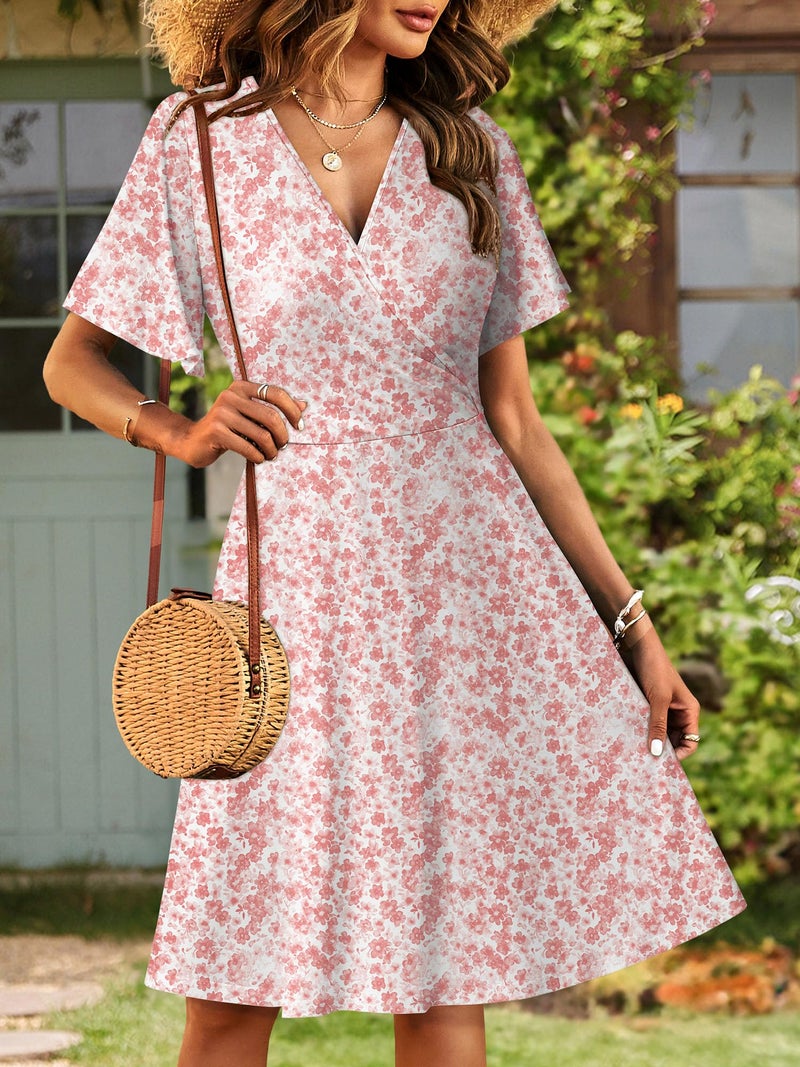 FENSACE Baby Shower Dress for Mom to Be Summer Wrap V Neck Empire Waist Fit and Flare Wedding Guest Womens Spring Dresses 2026(Pink Floral-92,Large) - Image 3