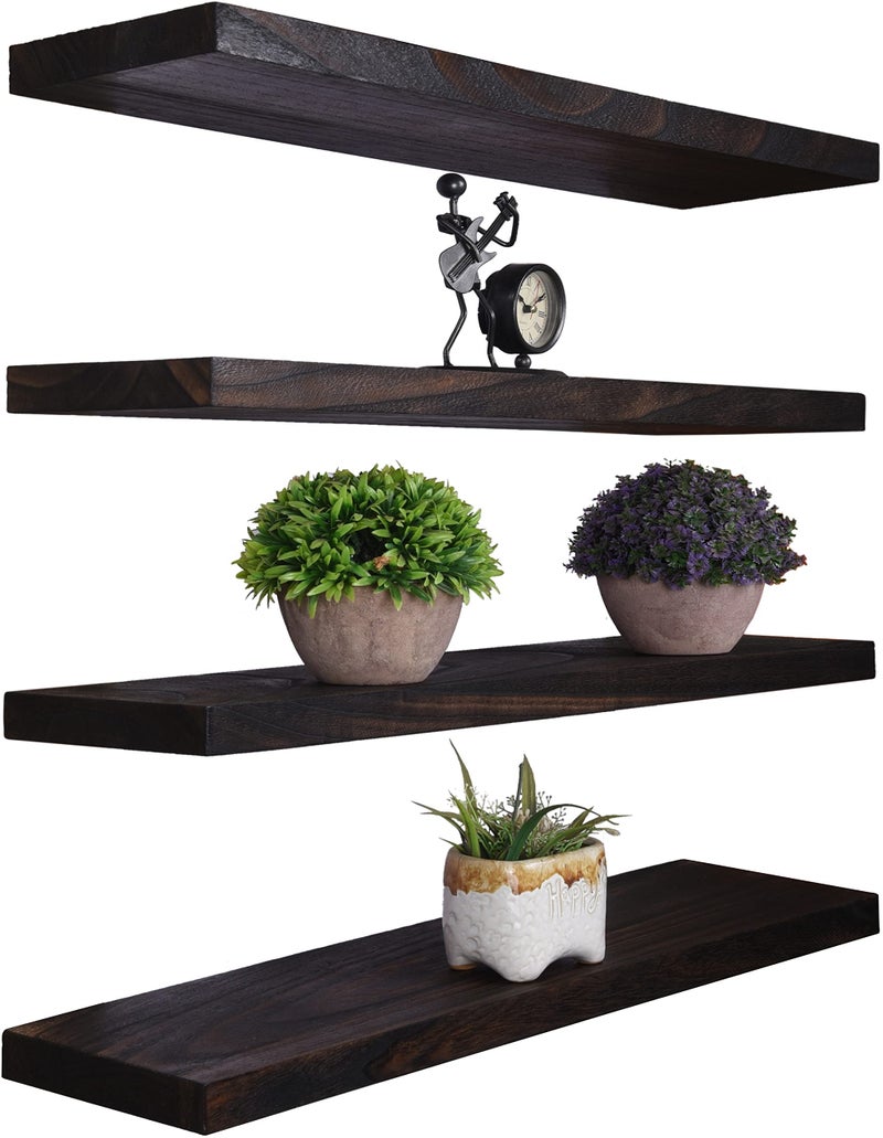 YYWUOJJ Wood Floating Shelves for Wall Decor Rustic Wall Shelves for Bedroom Bathroom Kitchen Living Room Set of 4 Walnut 24 Inch