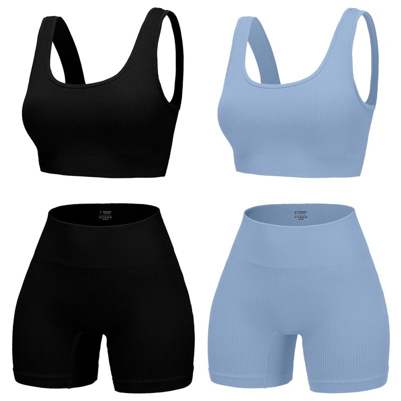 YWBIN 4 Piece Workout Sets for Women Seamless Ribbed High Waist Yoga shorts with Sports Bra Outfits - Image 2